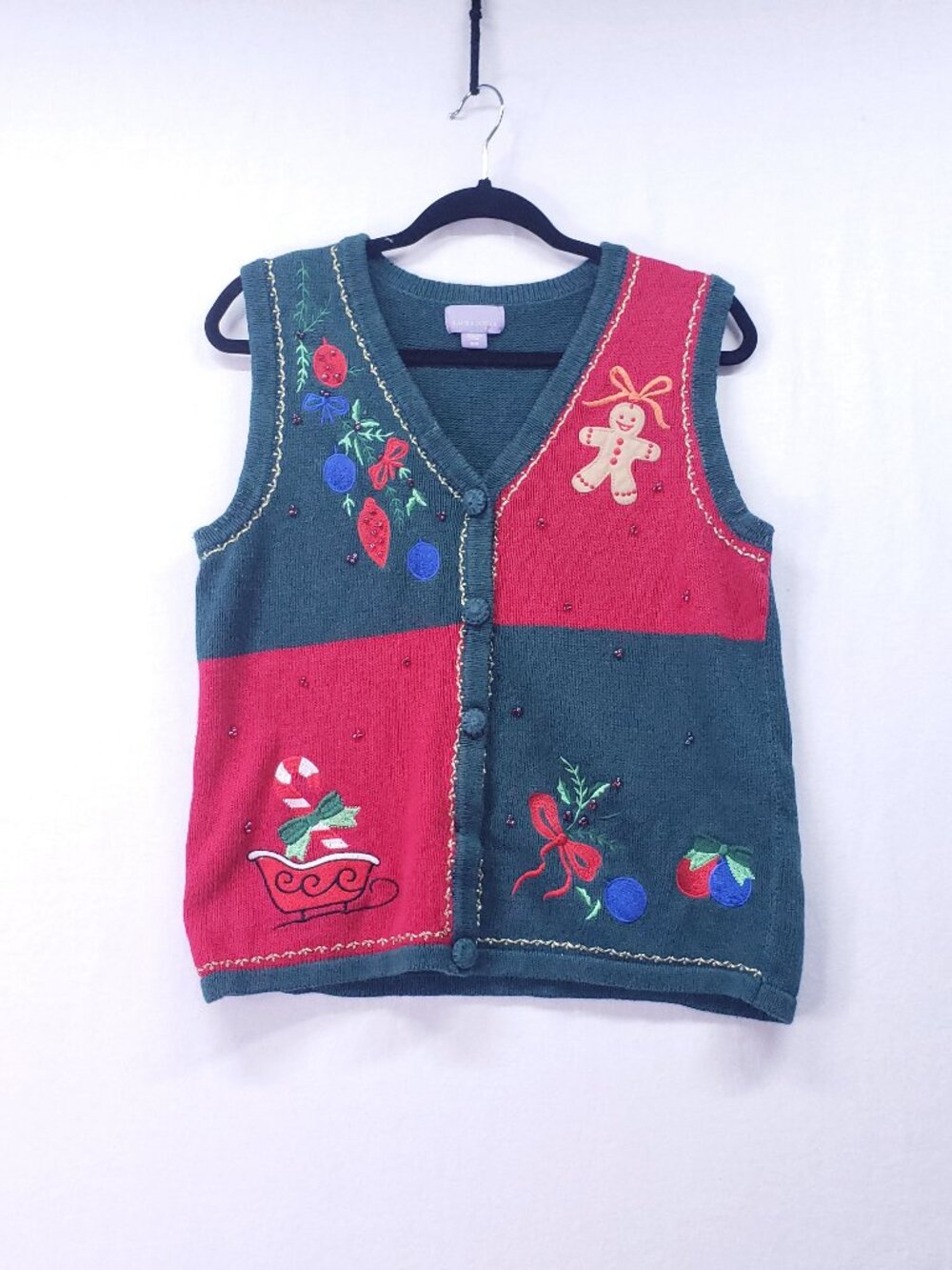 Vintage Laura Scott Christmas Knit Sweater Vest Red Size Medium Holiday V Neck